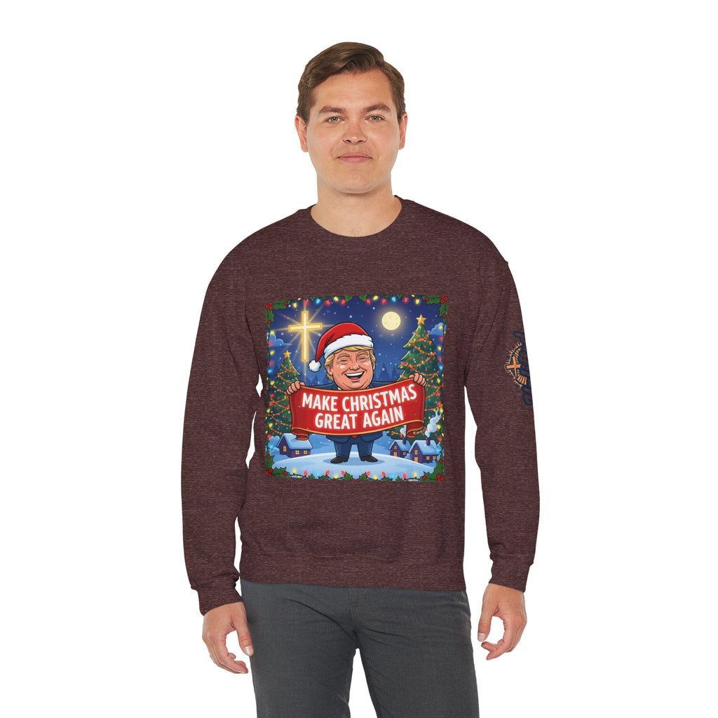 🎄 Make Christmas Great Again – Patriotic Christian Christmas Sweatshirt | Bold Holiday Faith Tee | Red & White Banner Design | Uplifted Gear Printify