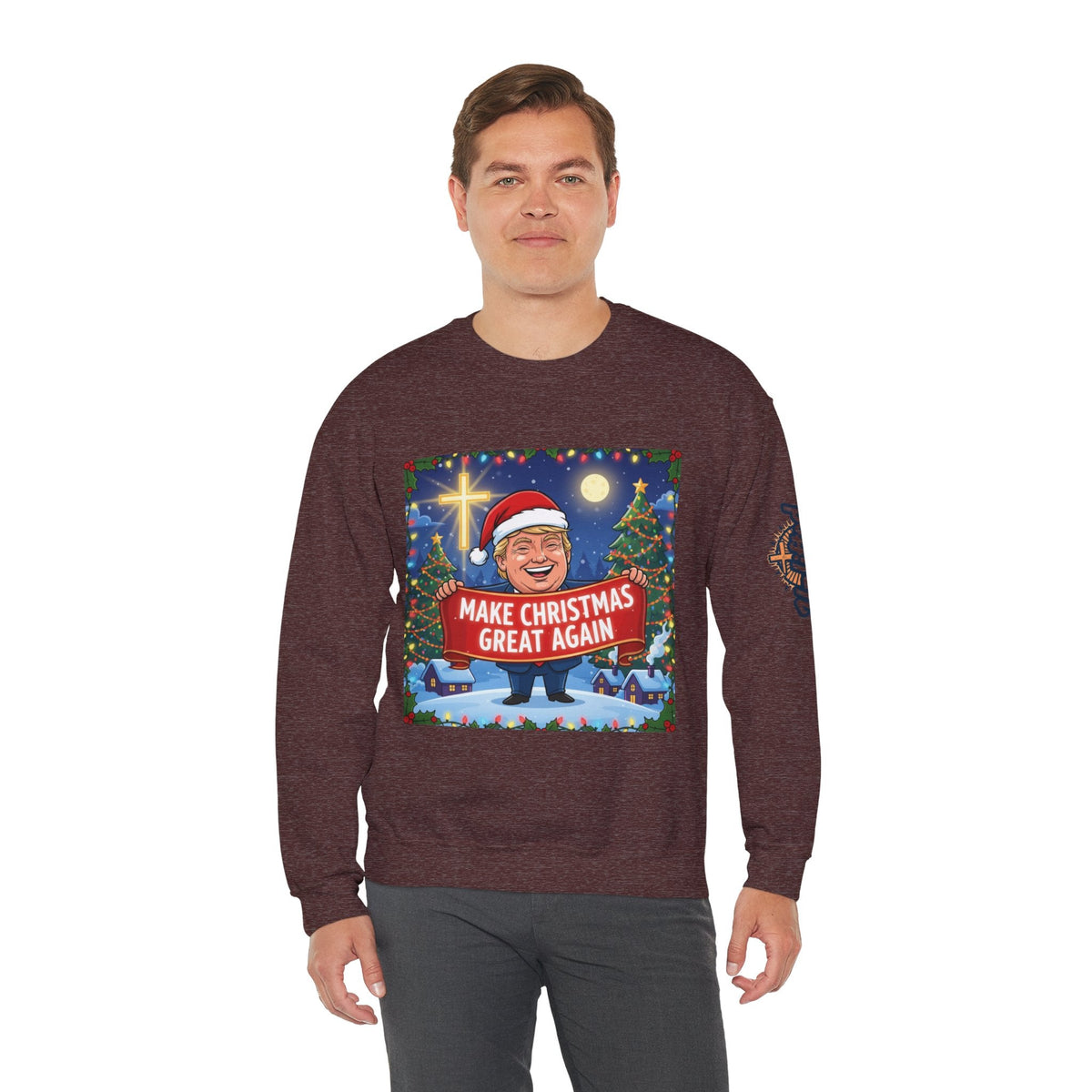 🎄 Make Christmas Great Again – Patriotic Christian Christmas Sweatshirt | Bold Holiday Faith Tee | Red & White Banner Design | Uplifted Gear Printify