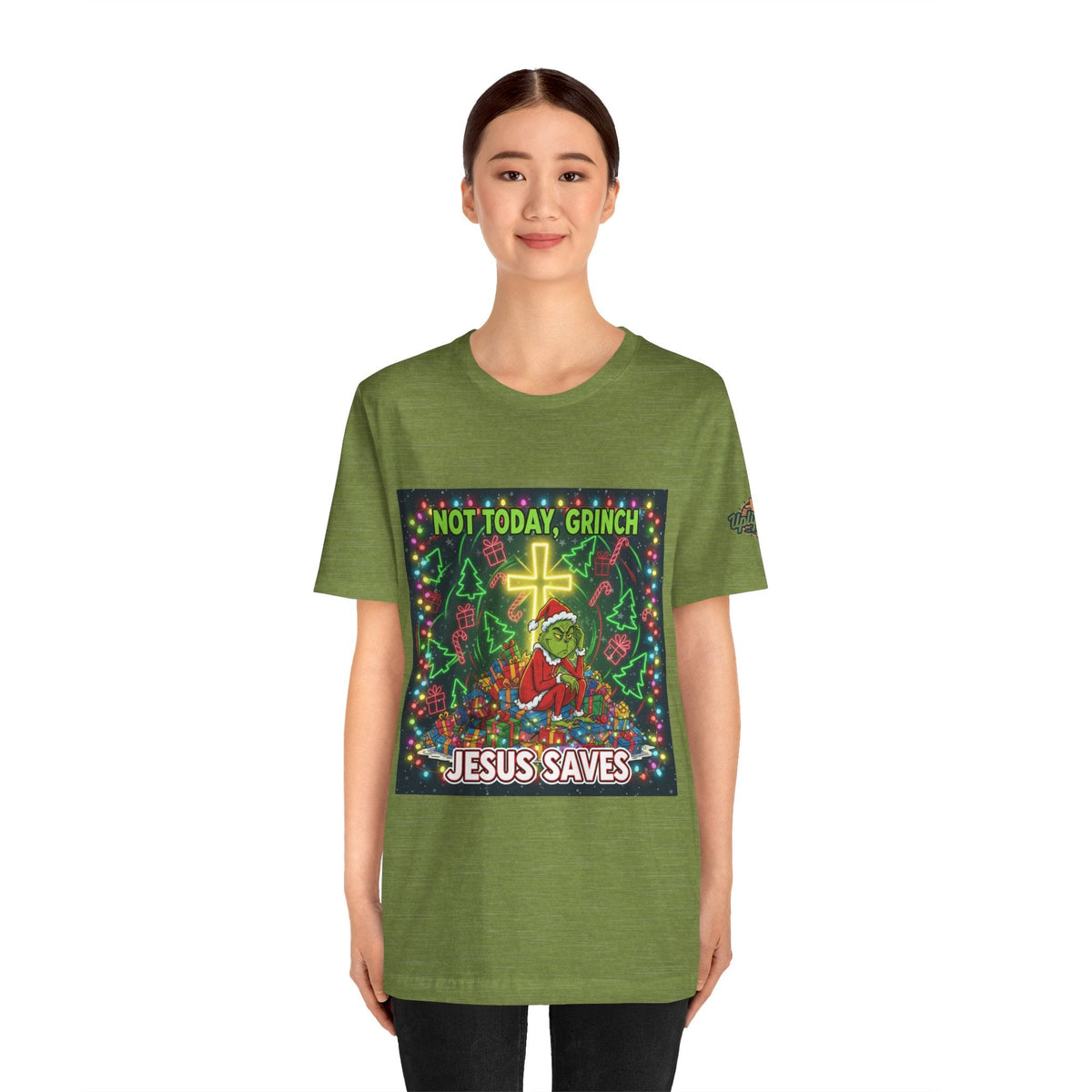 🎄 Not Today, Grinch – Jesus Saves | Funny Christian Christmas T-Shirt | Festive Green & Red Cartoon Style | Bold Faith Holiday Tee by Uplifted Gear Printify