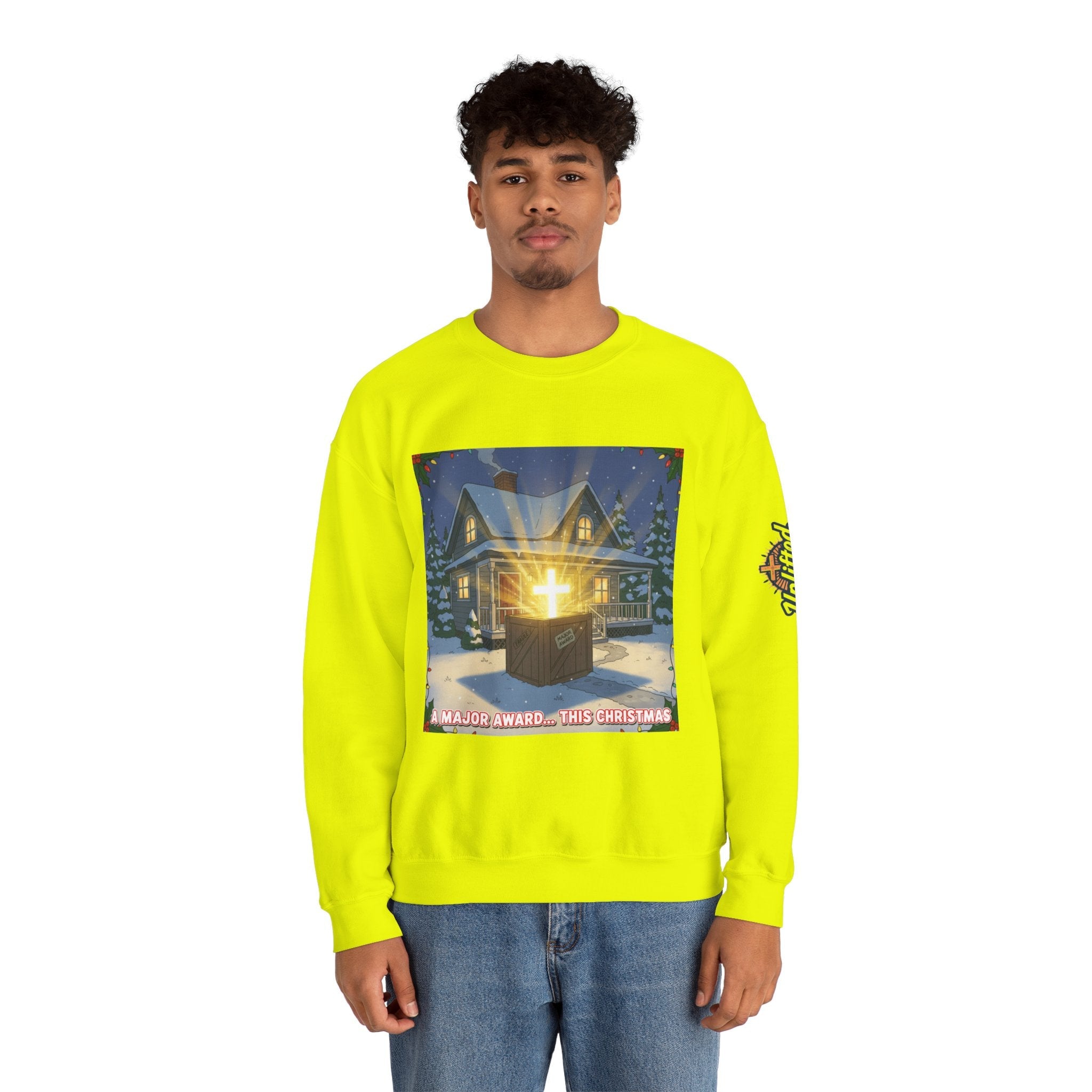 A Major Award This Christmas Sweatshirt – Fragile Leg Lamp Parody Cross Unboxing Christian Sweatshirt for Hilarious Faith & Holiday Glow Printify