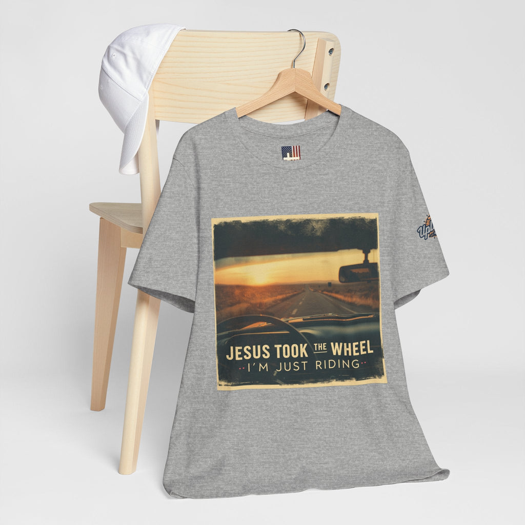 Jesus Took the Wheel I'm Just Riding T-shirt – Funny Christian Convertible Car T-shirt for Surrendered Faith & Humor Printify