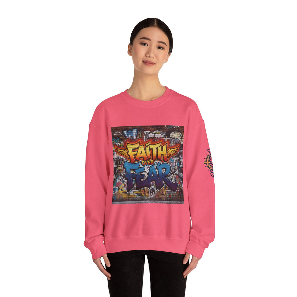 Faith Over Fear Sweatshirt – Graffiti Wall Christian Sweatshirt for Bold 2 Corinthians 5:7 Streetwear & Unshakable Faith Printify