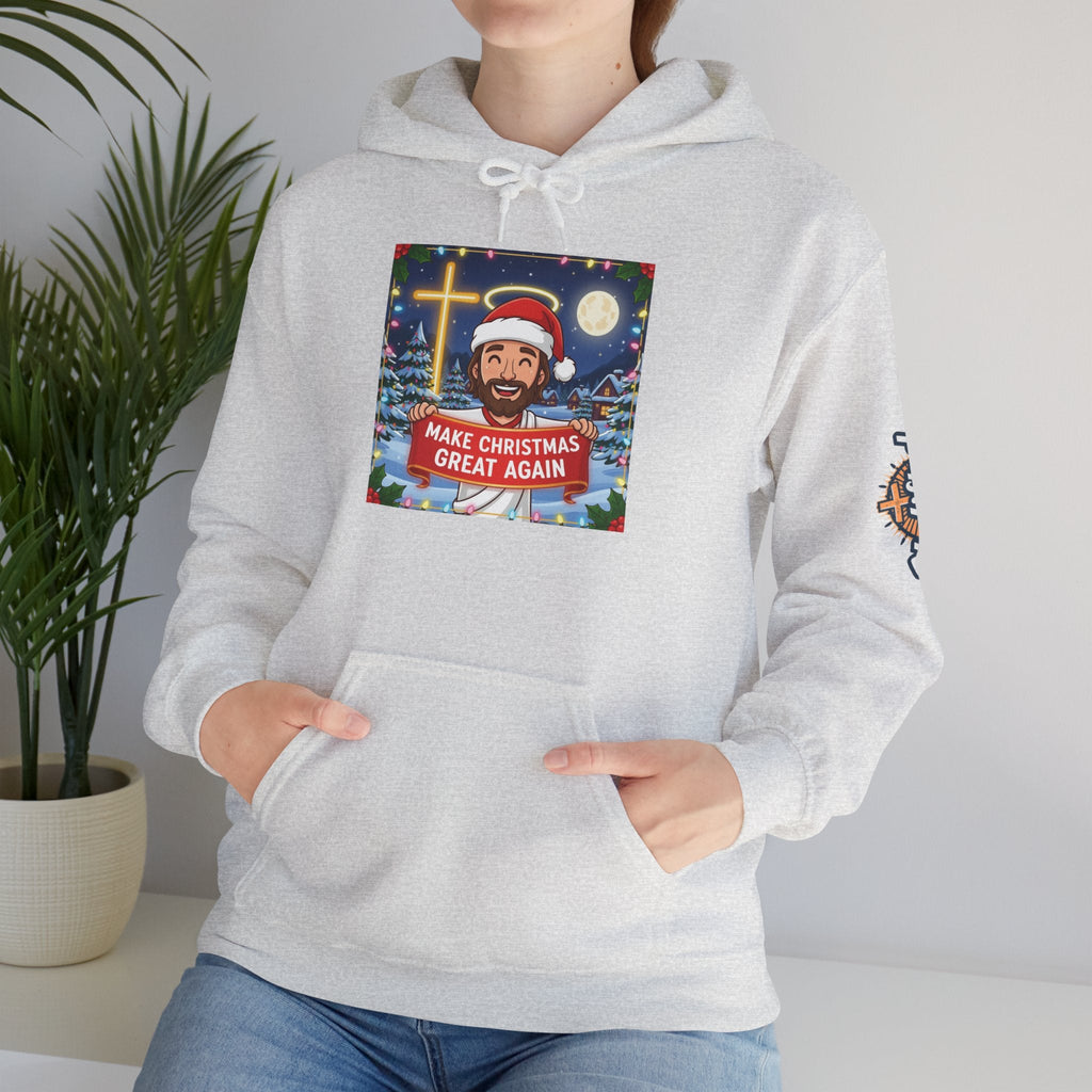 🎄 Make Christmas Great Again – Funny Christian Hoodie | Jesus Holding Banner | Faith-Based Holiday Parody Tee | Uplifted Gear Printify