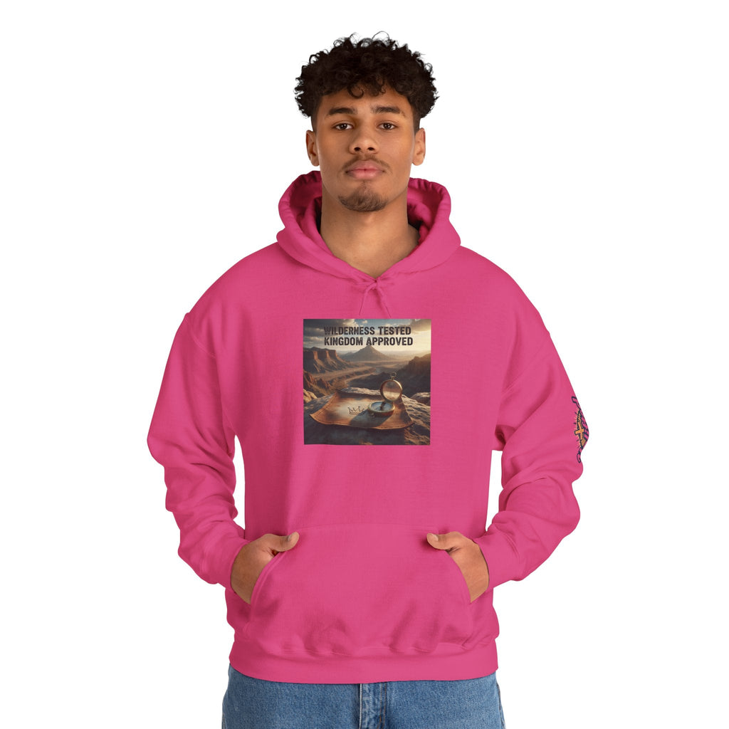 Wilderness Tested Kingdom Approved Hoodie – Mountain Desert Compass Crown Christian Sweatshirt for Biblical Adventure Faith Printify