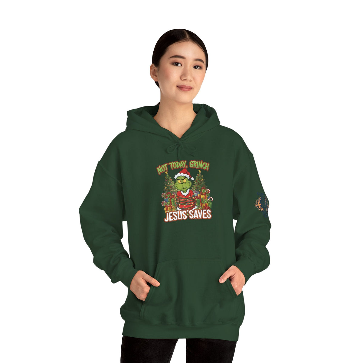 🎄 Not Today, Grinch – Jesus Saves | Funny Christian Christmas Hoodie | Sulking Grinch & Glowing Cross | Bold Neon Faith Tee by Uplifted Gear Printify