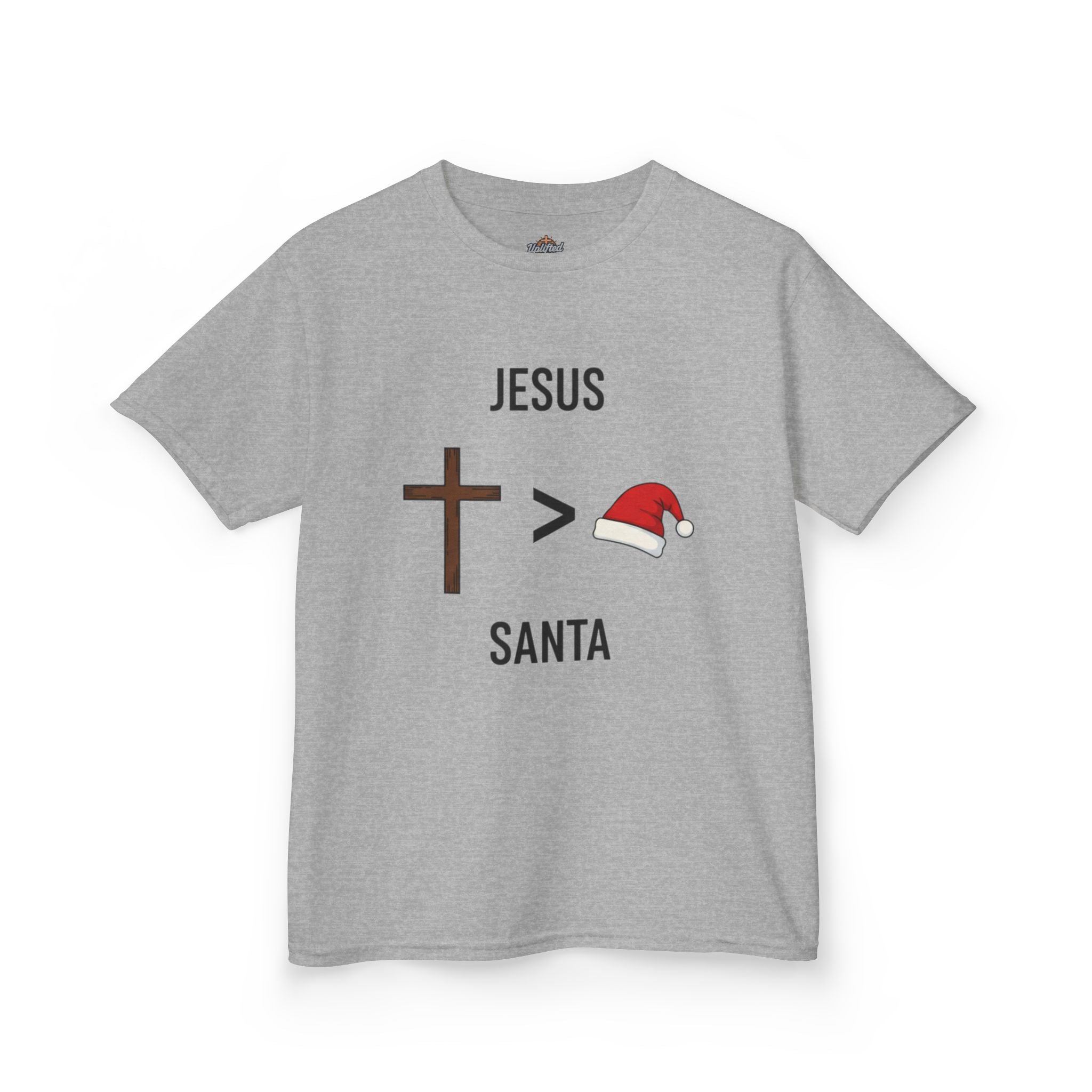 🎄 Jesus > Santa – Minimalist Christian Christmas Kids T-Shirt | Bold Faith Over Holiday Tee | Cross vs Santa Hat Design | Uplifted Gear Printify