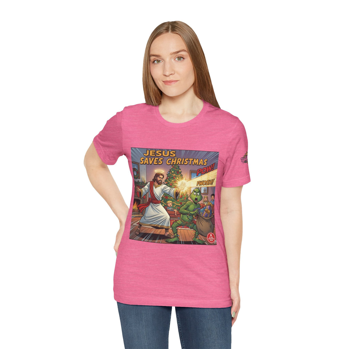 Jesus Saves Christmas T-shirt – Grinch vs Savior Light Battle Christian T-shirt for Hilarious Holiday Faith & True Joy Printify