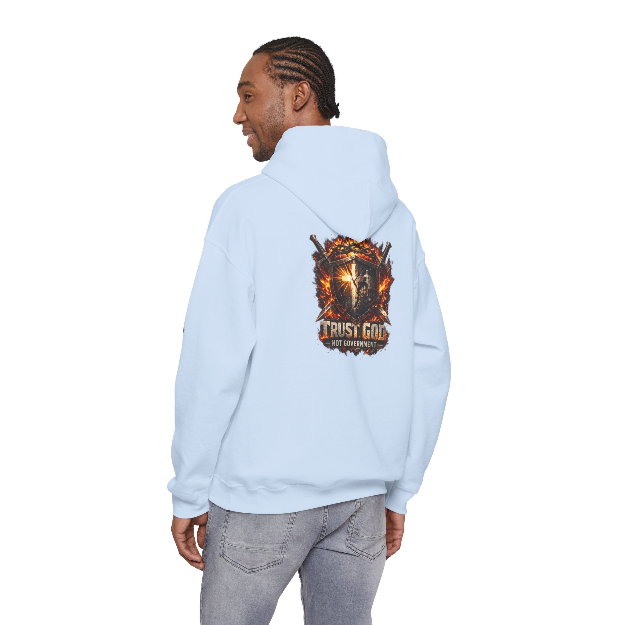 Trust God Not Government Shield Hoodie — Patriotic Christian Faith Hoodie Printify