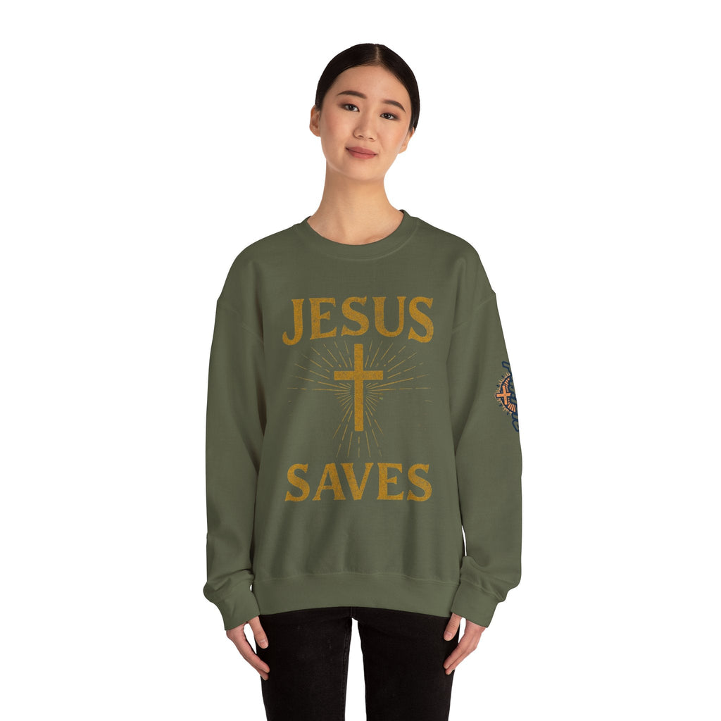 Jesus Saves Sweatshirt – Radiant Cross & Rays of Light Christian Sweatshirt for Eternal Hope & Faith Printify