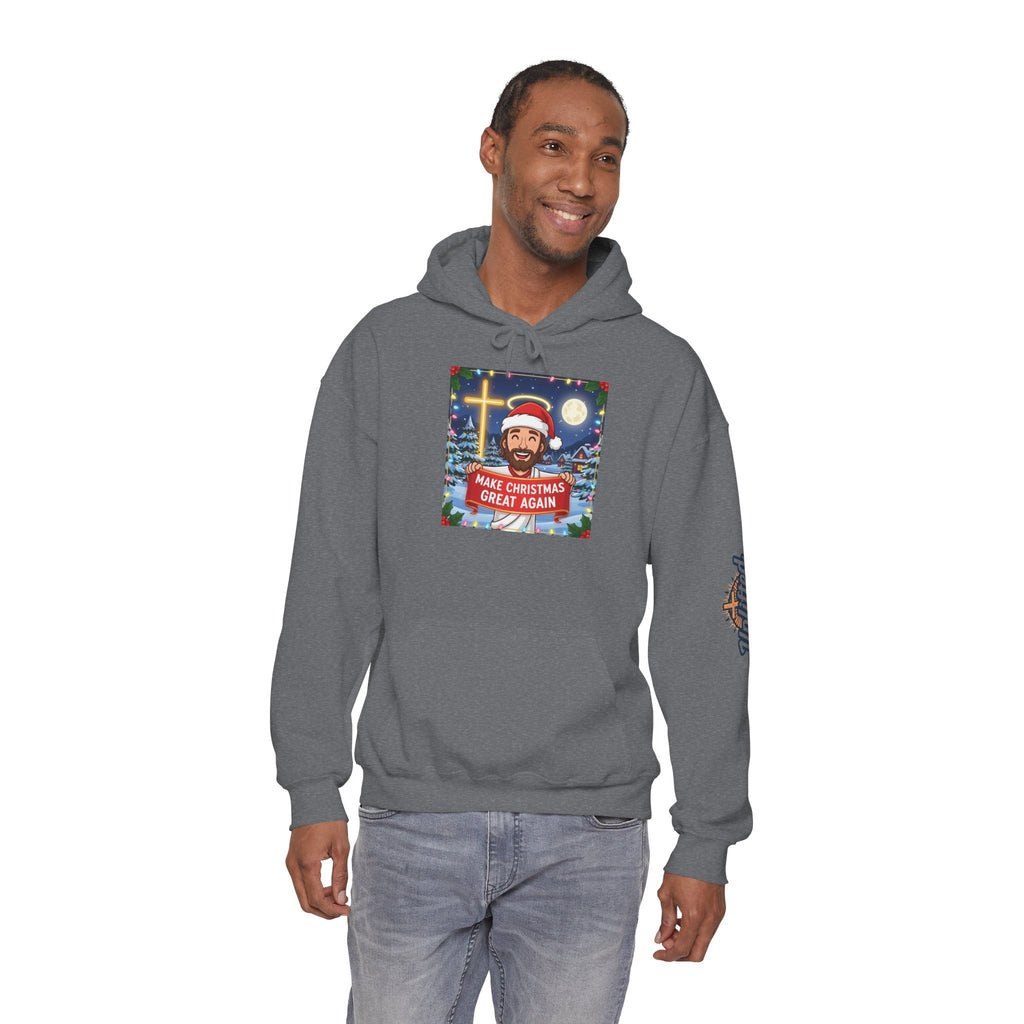 🎄 Make Christmas Great Again – Funny Christian Hoodie | Jesus Holding Banner | Faith-Based Holiday Parody Tee | Uplifted Gear Printify