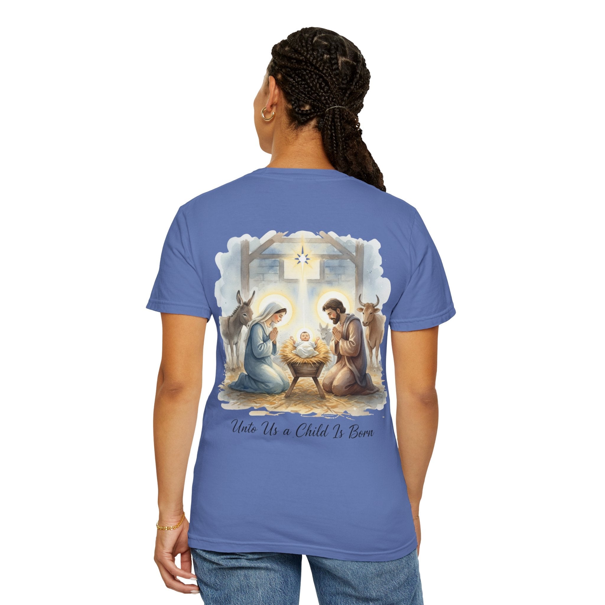 Unto Us a Child is Born T-shirt – Isaiah 9:6 Nativity Manger Scene Christian Christmas T-shirt for Holy Night Faith Printify