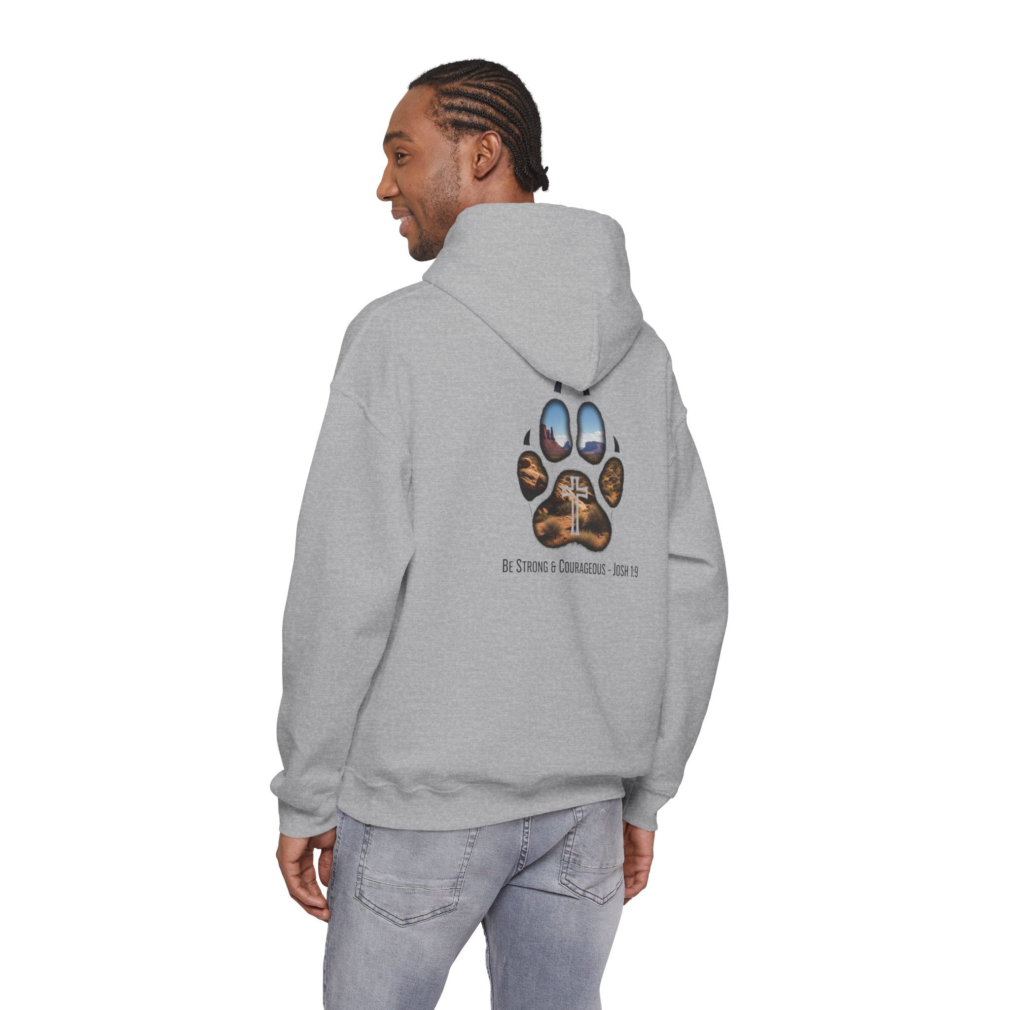 Strong and Courageous Hoodie – Joshua 1:9 Canine Pawprint Desert Christian Hoodie for Dog Lovers Printify