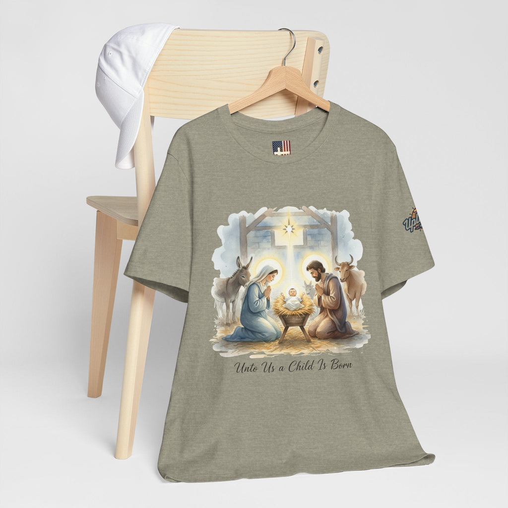 Unto Us a Child is Born T-shirt – Isaiah 9:6 Nativity Manger Scene Christian Christmas T-shirt for Holy Night Faith Printify