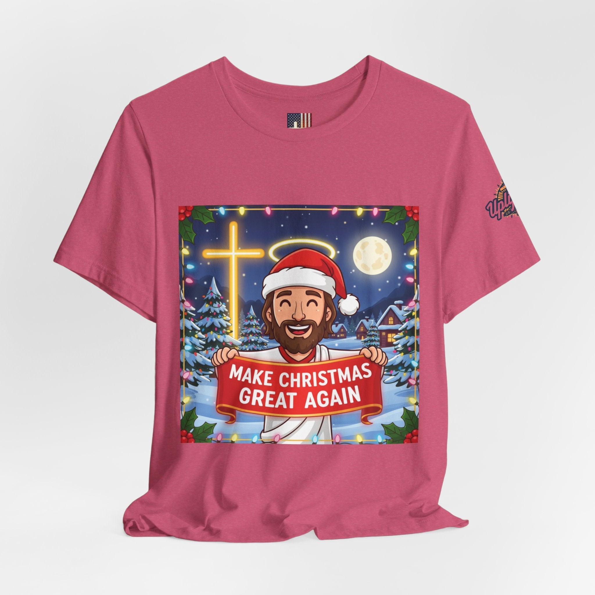 🎄 Make Christmas Great Again – Funny Christian T-Shirt | Jesus Holding Banner | Faith-Based Holiday Parody Tee | Uplifted Gear Printify