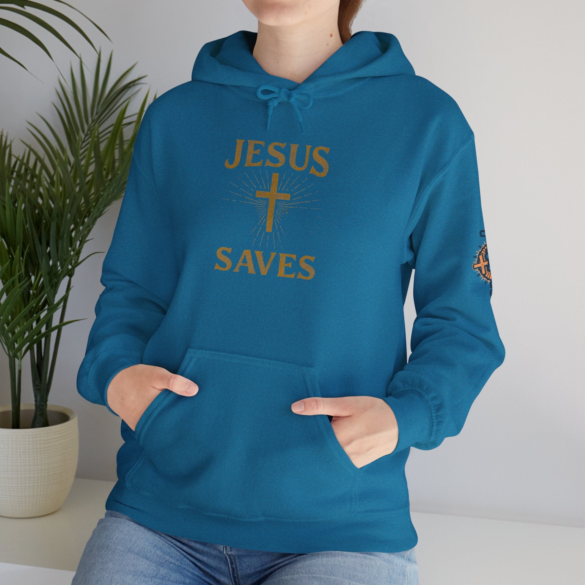 Jesus Saves Hoodie – Radiant Cross & Rays of Light Christian Sweatshirt for Eternal Hope & Faith Printify