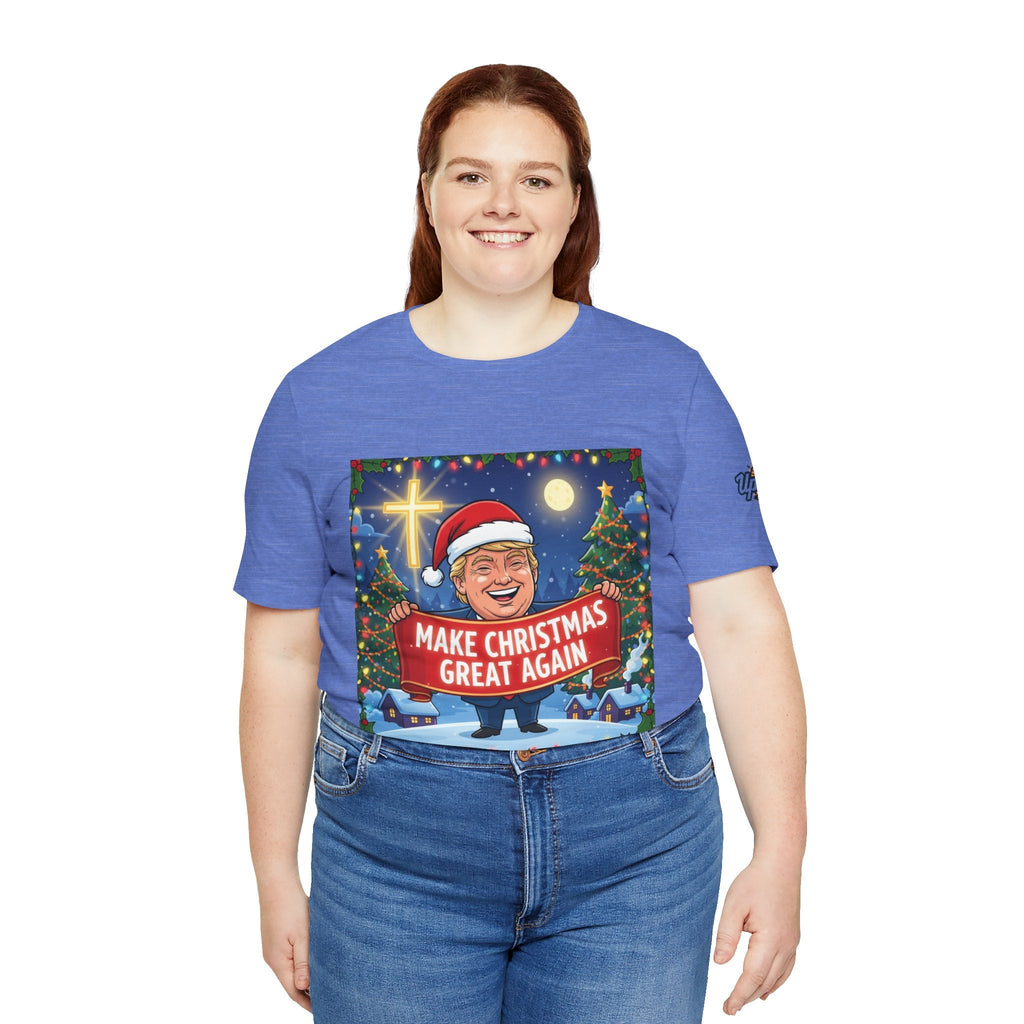 🎄 Make Christmas Great Again – Patriotic Christian Christmas T-Shirt | Bold Holiday Faith Tee | Red & White Banner Design | Uplifted Gear Printify