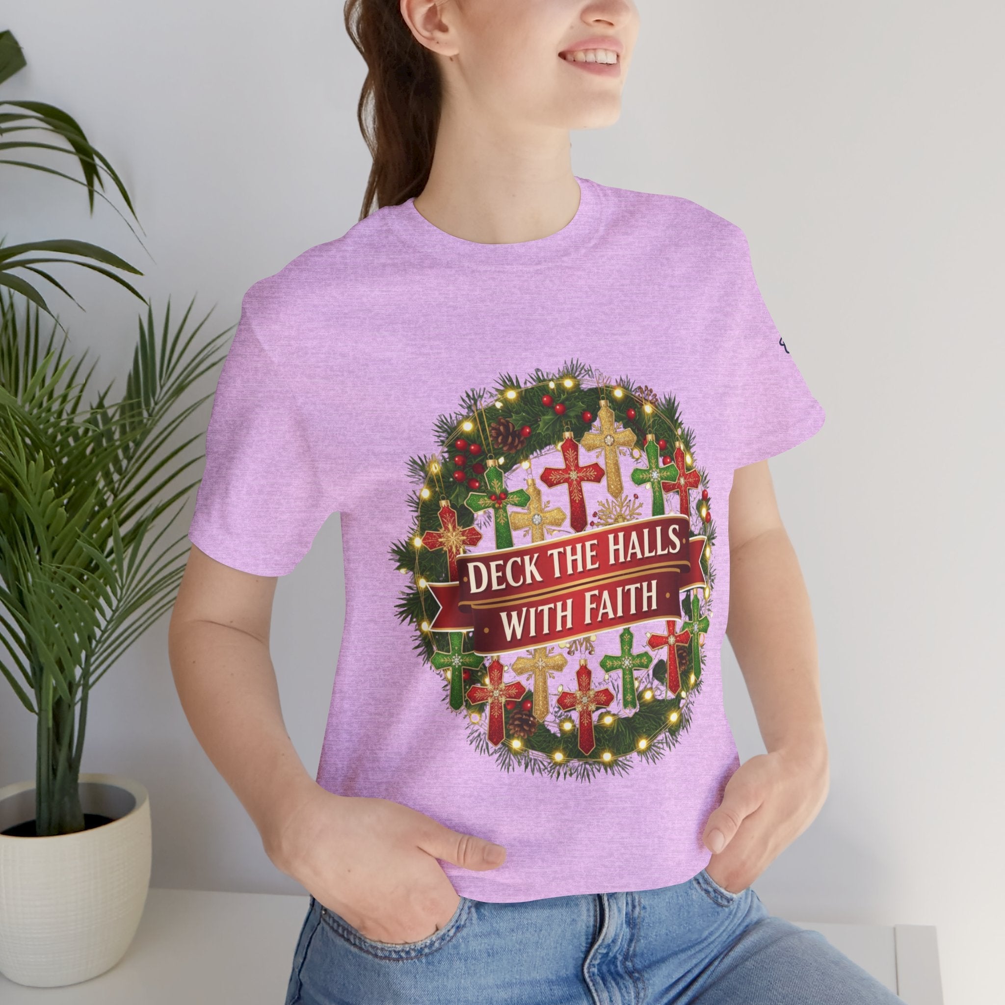 🎄 Deck the Halls with Faith – Christian Christmas T-Shirt | Cross Ornament Design & Festive Garland | Bold Holiday Faith Tee by Uplifted Gear Printify
