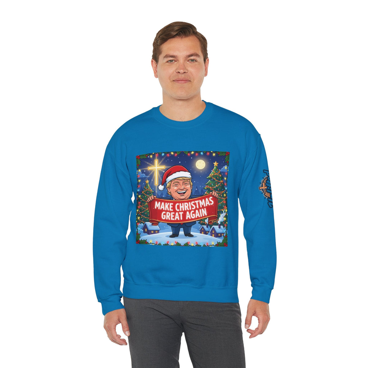 🎄 Make Christmas Great Again – Patriotic Christian Christmas Sweatshirt | Bold Holiday Faith Tee | Red & White Banner Design | Uplifted Gear Printify