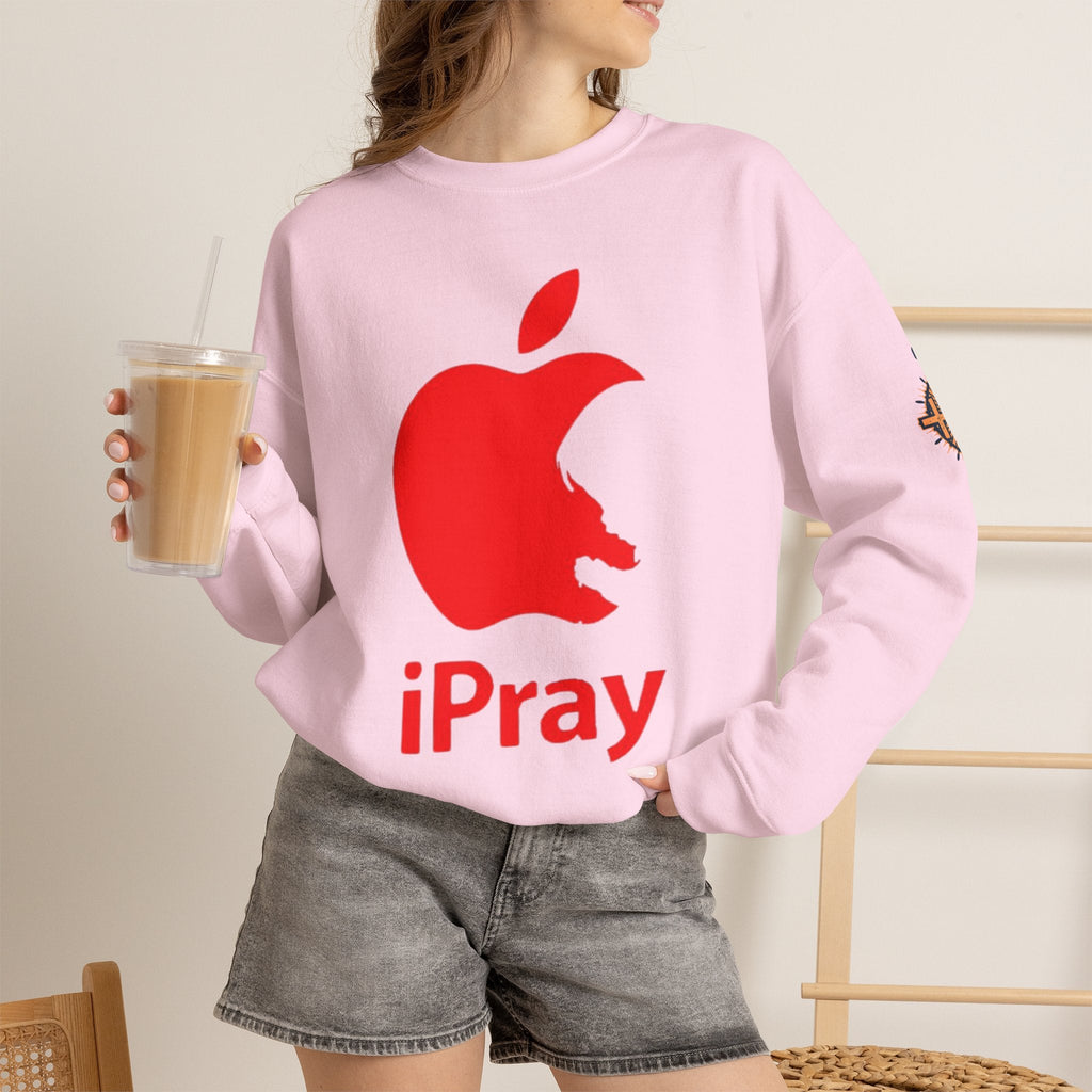 iPray Apple Logo Sweatshirt — Funny Christian Sweatshirt (Minimal Red Apple Graphic) Printify