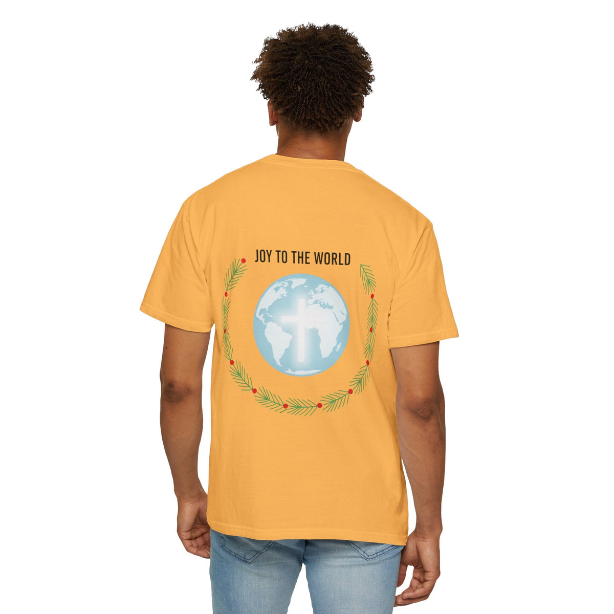Joy to the World T-shirt – Wreath Earth Nativity Christian Christmas T-shirt for Isaiah 9:6 Holiday Faith & Festive Joy Printify