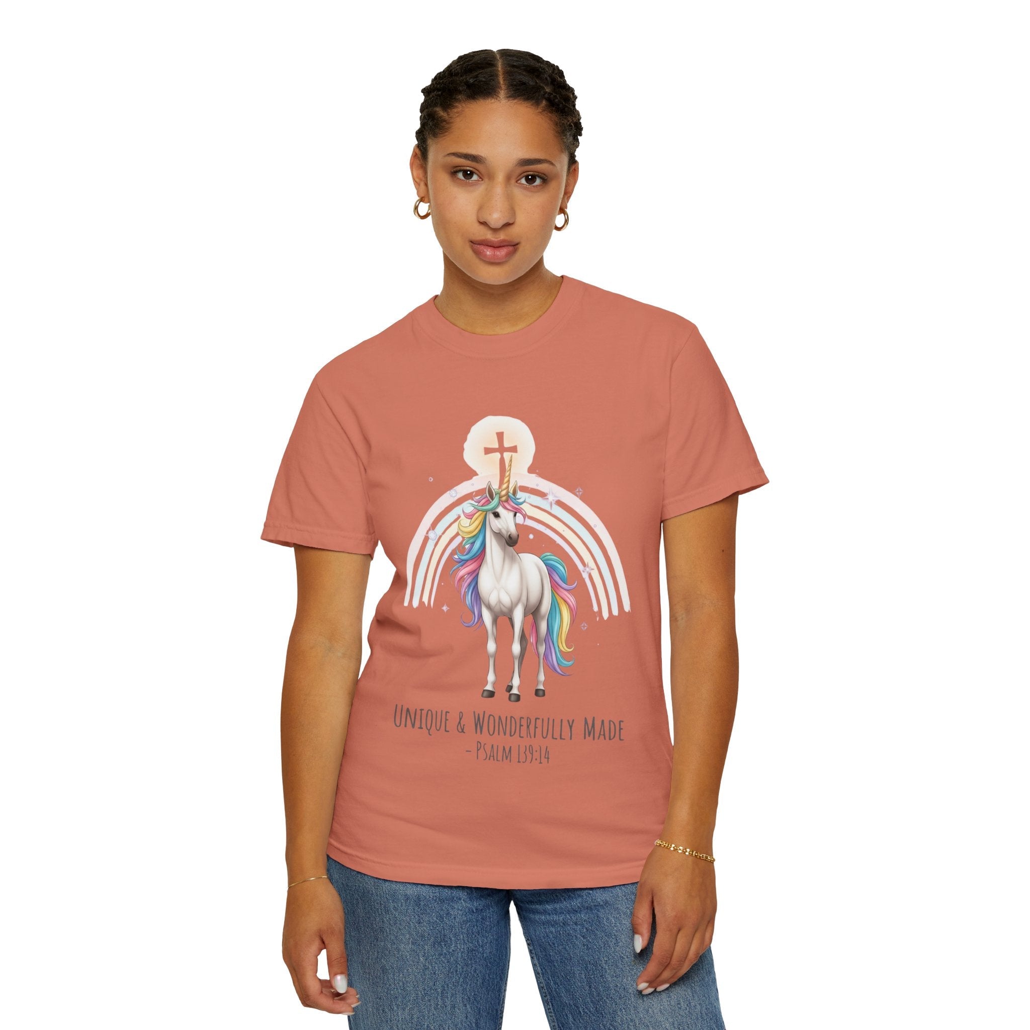 Unique Unicorn Christian T-Shirt – Wonderfully Made with Rainbow Cross & Psalm 139:14 Printify