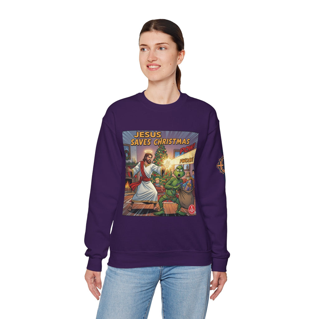 Jesus Saves Christmas Sweatshirt – Grinch vs Savior Light Battle Christian Sweatshirt for Hilarious Holiday Faith & True Joy Printify