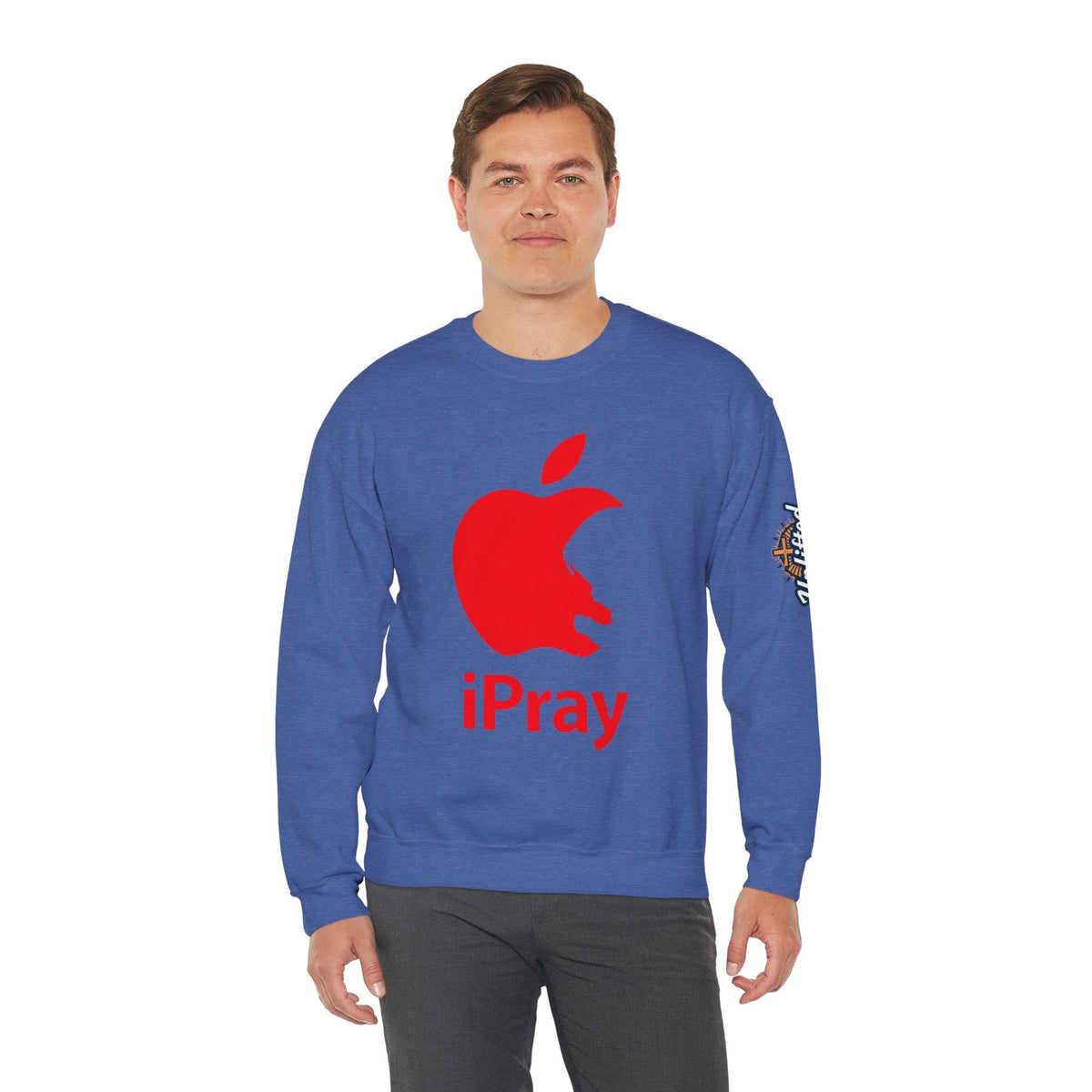 iPray Apple Logo Sweatshirt — Funny Christian Sweatshirt (Minimal Red Apple Graphic) Printify