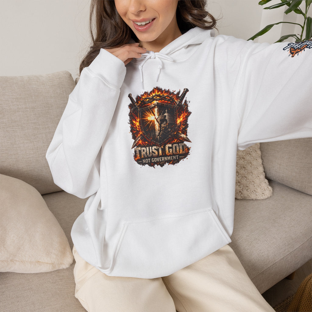 Trust God Not Government Shield Hoodie — Patriotic Christian Faith Hoodie Printify