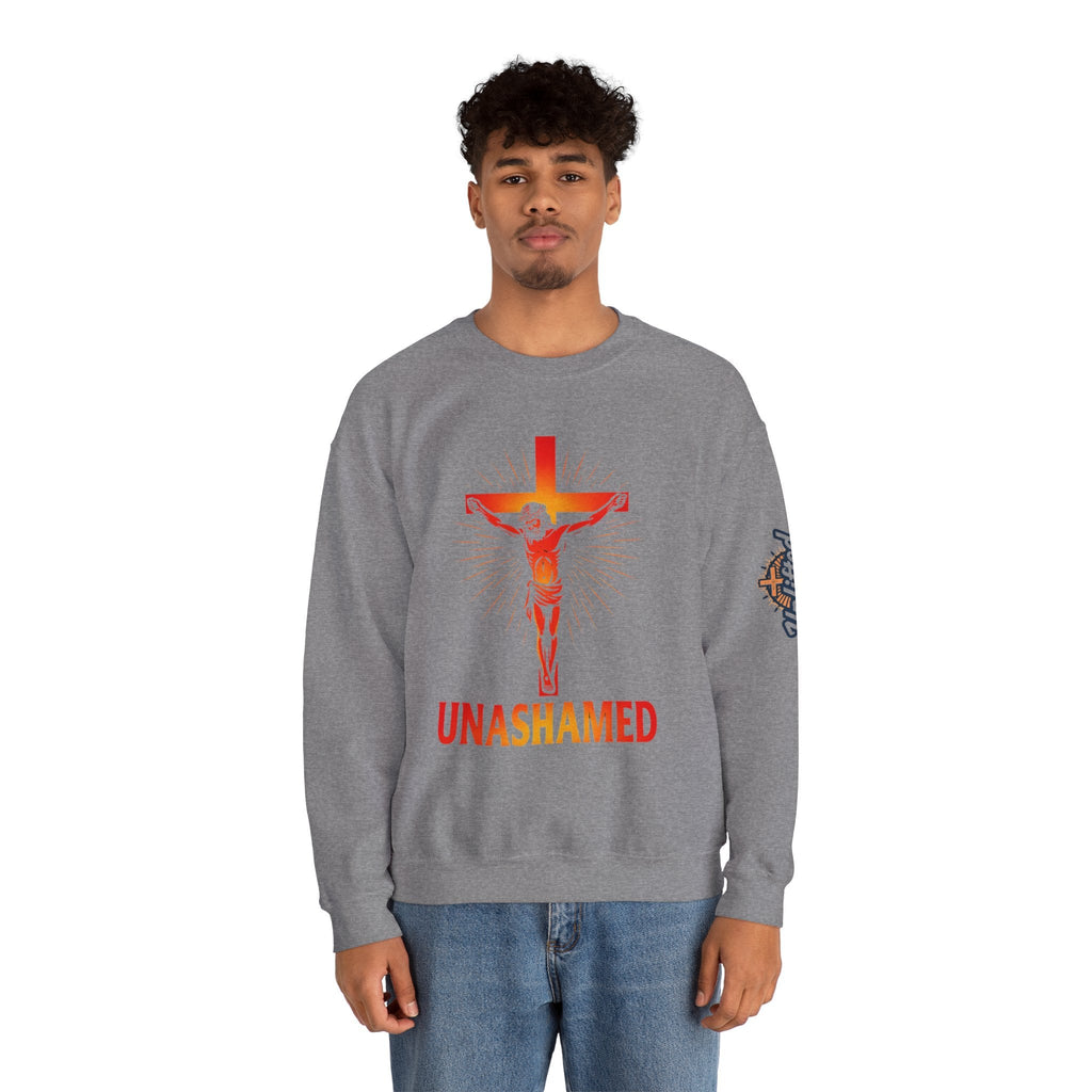 Unashamed Sweatshirt – Romans 1:16 Crucifixion Christian Sweatshirt for Bold Unwavering Faith Printify