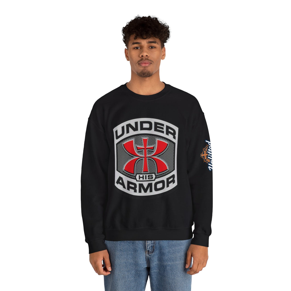 Under His Armor Crewneck Sweatshirt — Christian Faith Graphic Pullover Printify