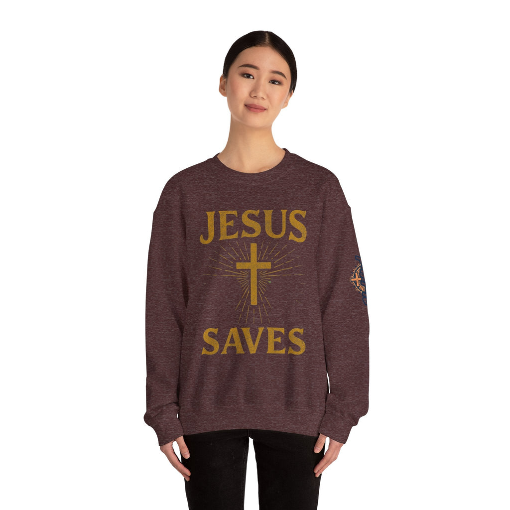 Jesus Saves Sweatshirt – Radiant Cross & Rays of Light Christian Sweatshirt for Eternal Hope & Faith Printify