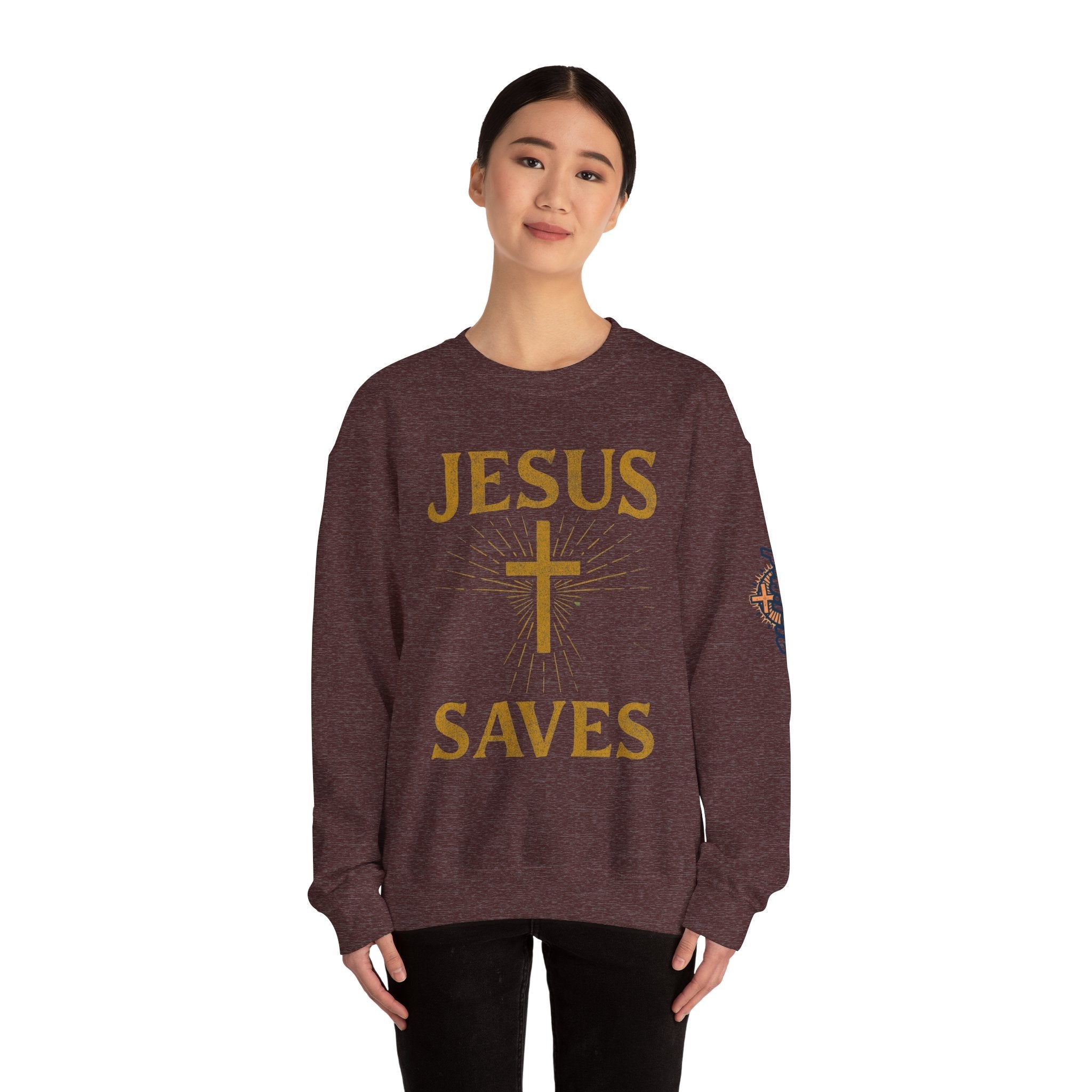 Jesus Saves Sweatshirt – Radiant Cross & Rays of Light Christian Sweatshirt for Eternal Hope & Faith Printify