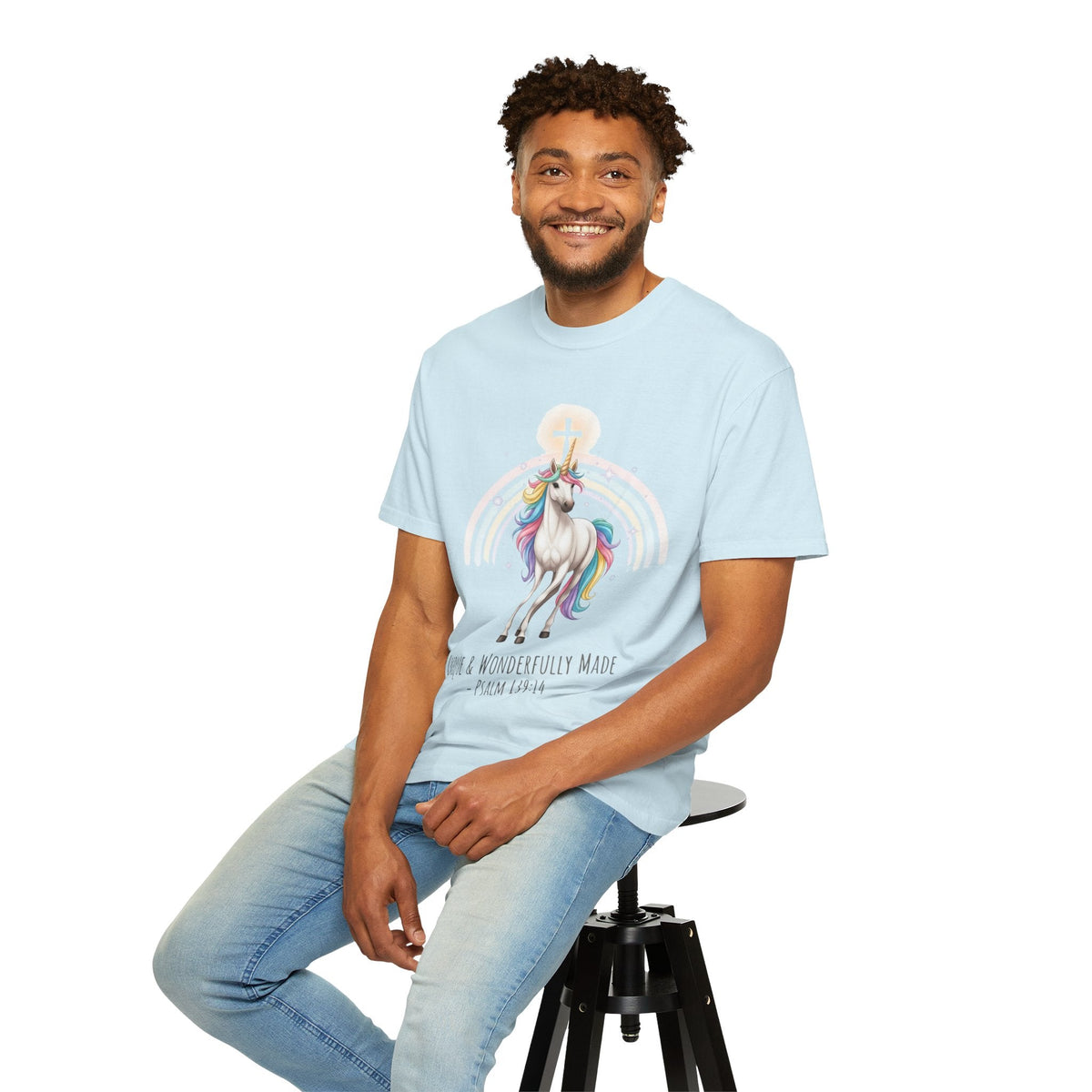 Unique Unicorn Christian T-Shirt – Wonderfully Made with Rainbow Cross & Psalm 139:14 Printify