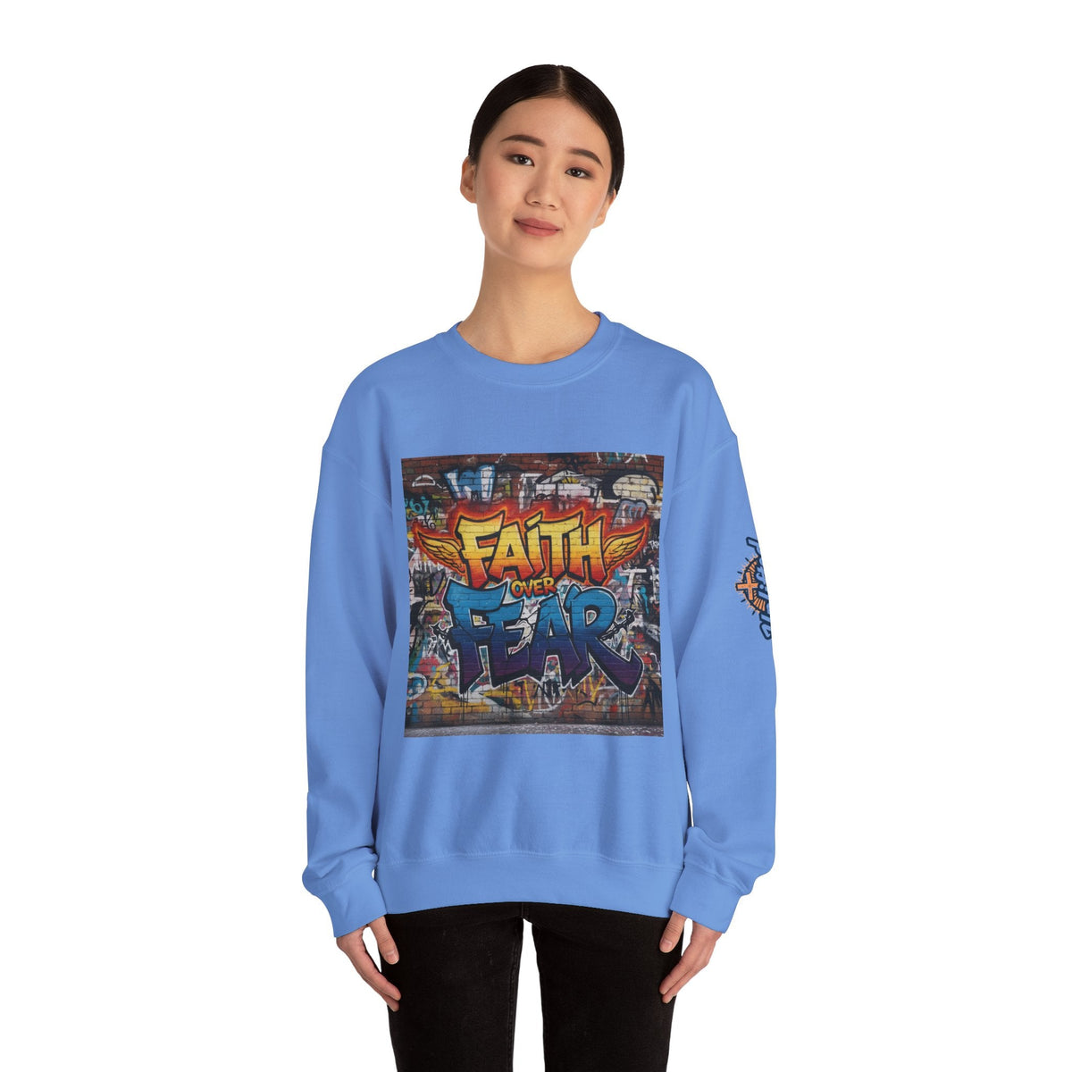 Faith Over Fear Sweatshirt – Graffiti Wall Christian Sweatshirt for Bold 2 Corinthians 5:7 Streetwear & Unshakable Faith Printify