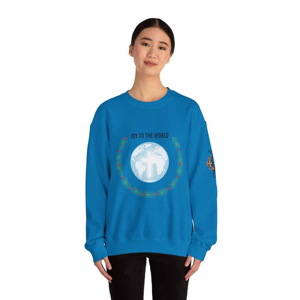 Joy to the World Sweatshirt – Wreath Earth Nativity Christian Christmas Sweatshirt for Isaiah 9:6 Holiday Faith & Festive Joy Printify