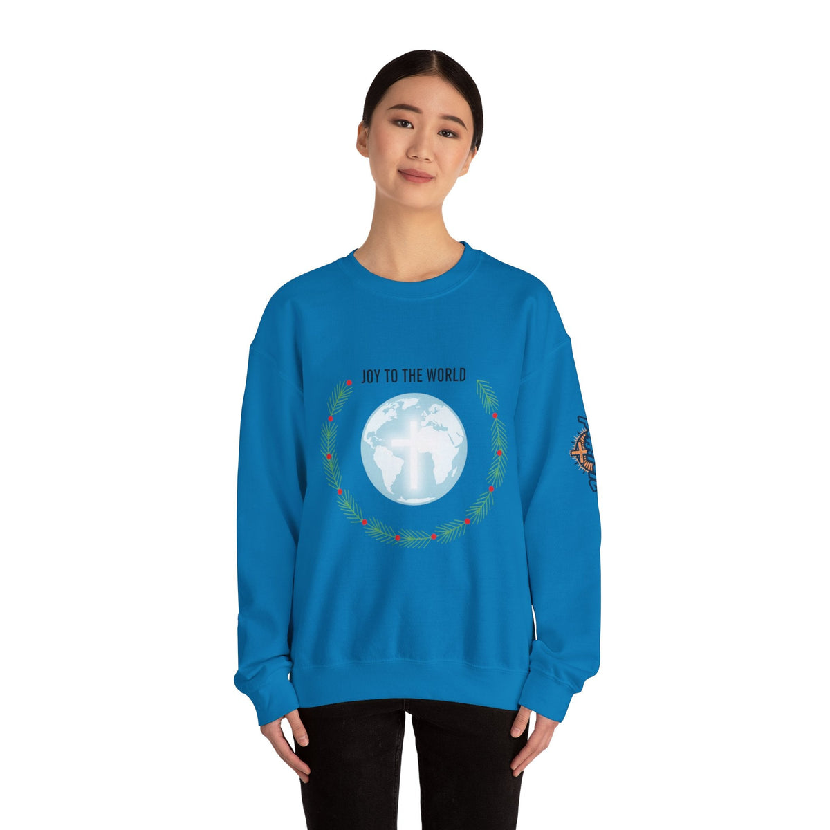 Joy to the World Sweatshirt – Wreath Earth Nativity Christian Christmas Sweatshirt for Isaiah 9:6 Holiday Faith & Festive Joy Printify
