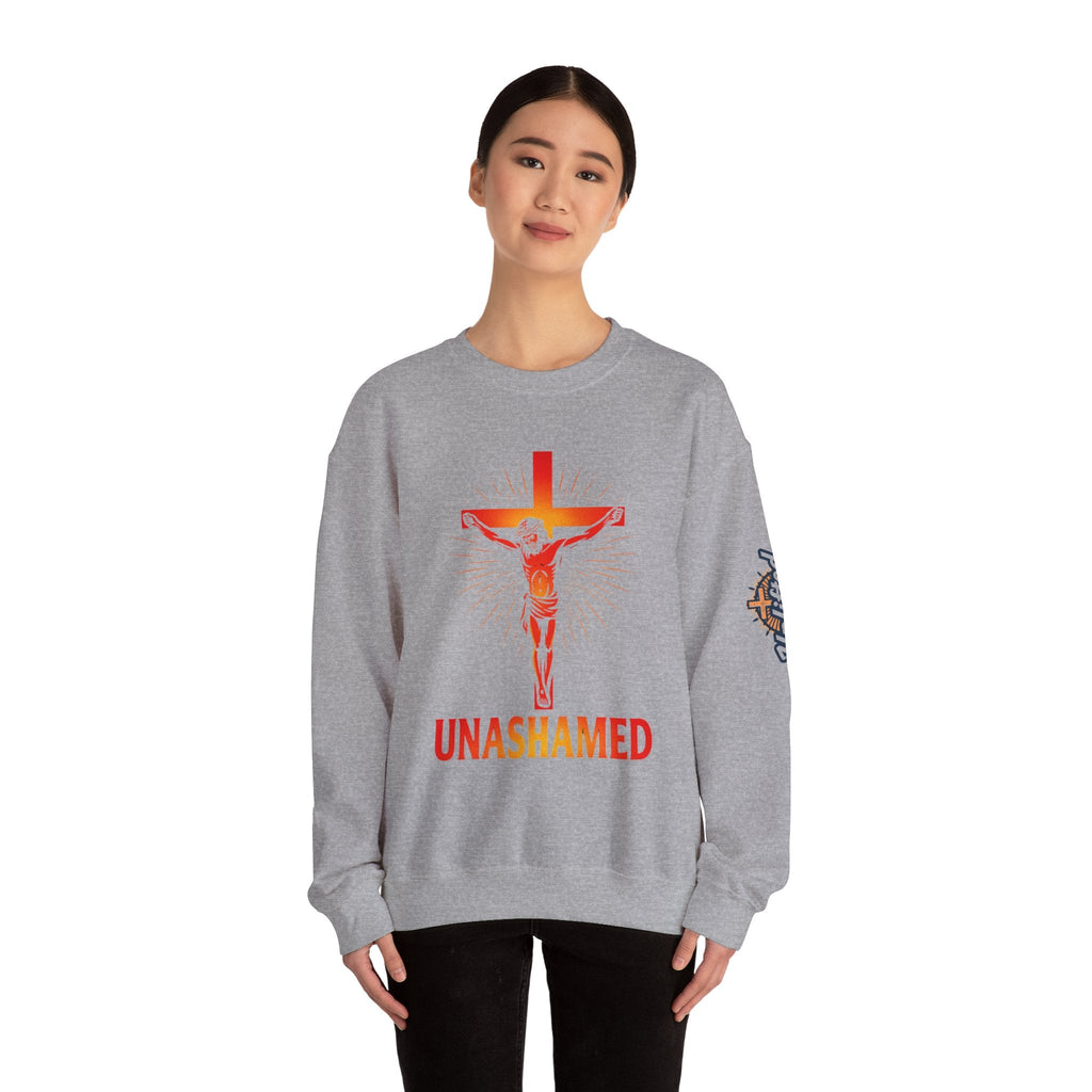 Unashamed Sweatshirt – Romans 1:16 Crucifixion Christian Sweatshirt for Bold Unwavering Faith Printify