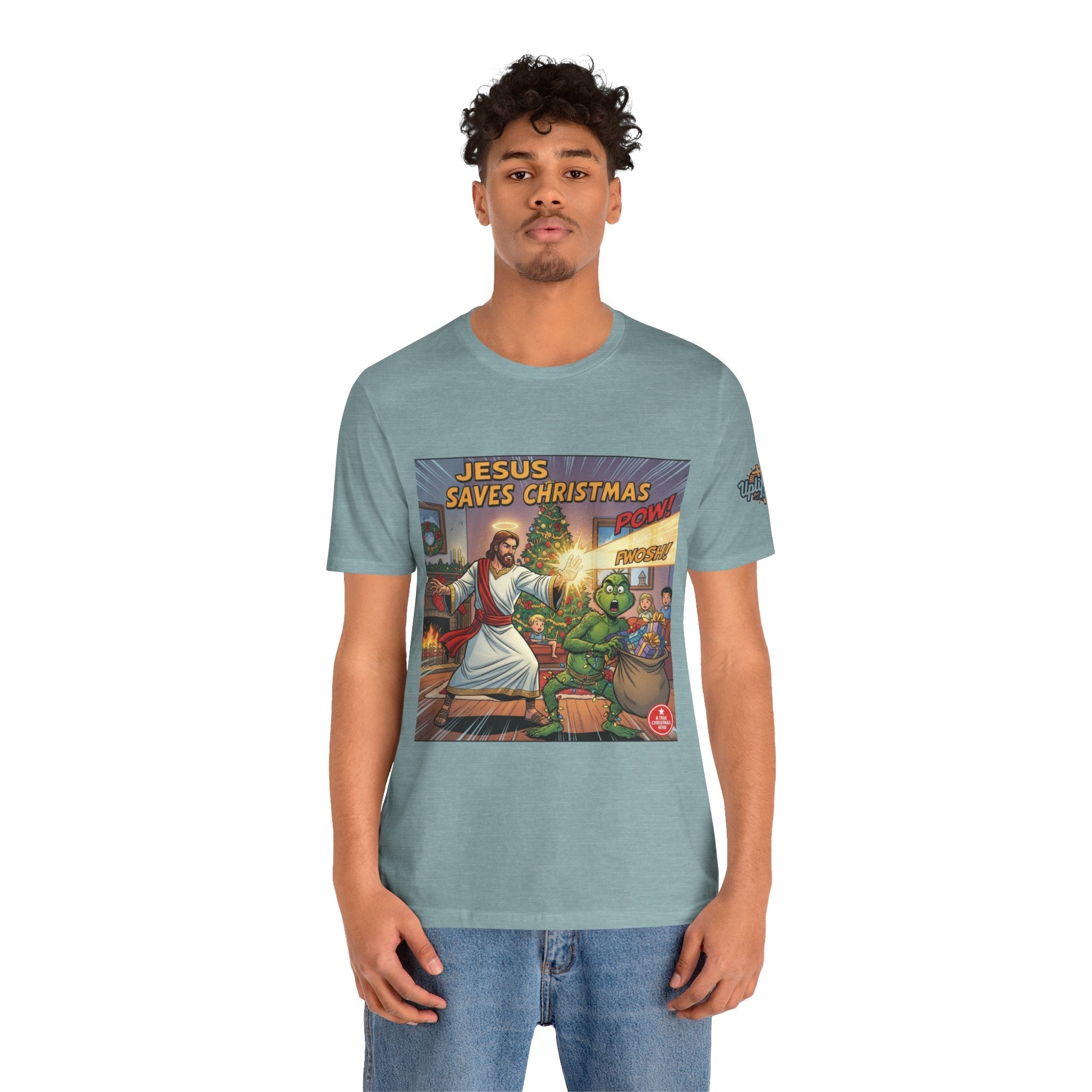 Jesus Saves Christmas T-shirt – Grinch vs Savior Light Battle Christian T-shirt for Hilarious Holiday Faith & True Joy Printify