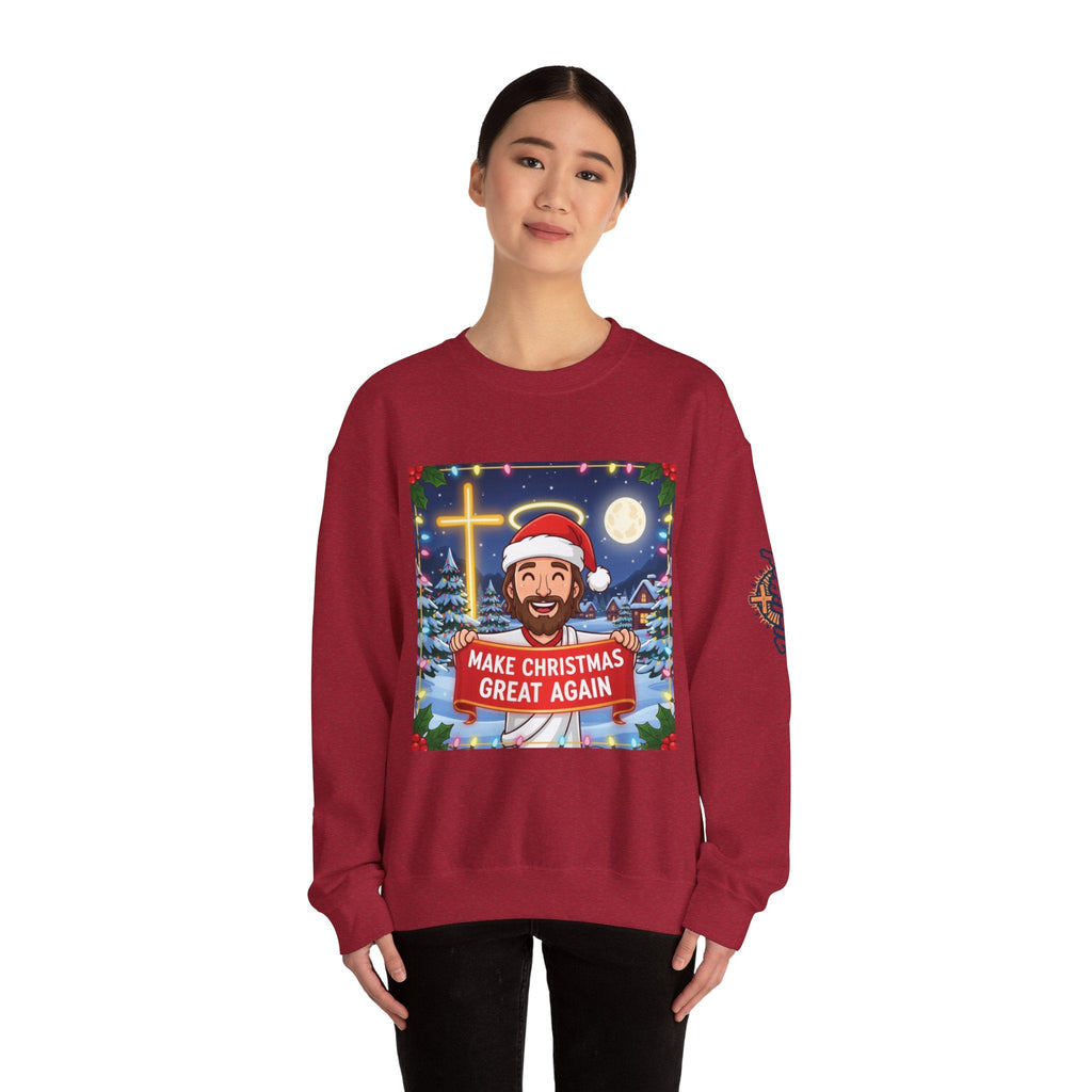 🎄 Make Christmas Great Again – Funny Christian Sweatshirt | Jesus Holding Banner | Faith-Based Holiday Parody Tee | Uplifted Gear Printify