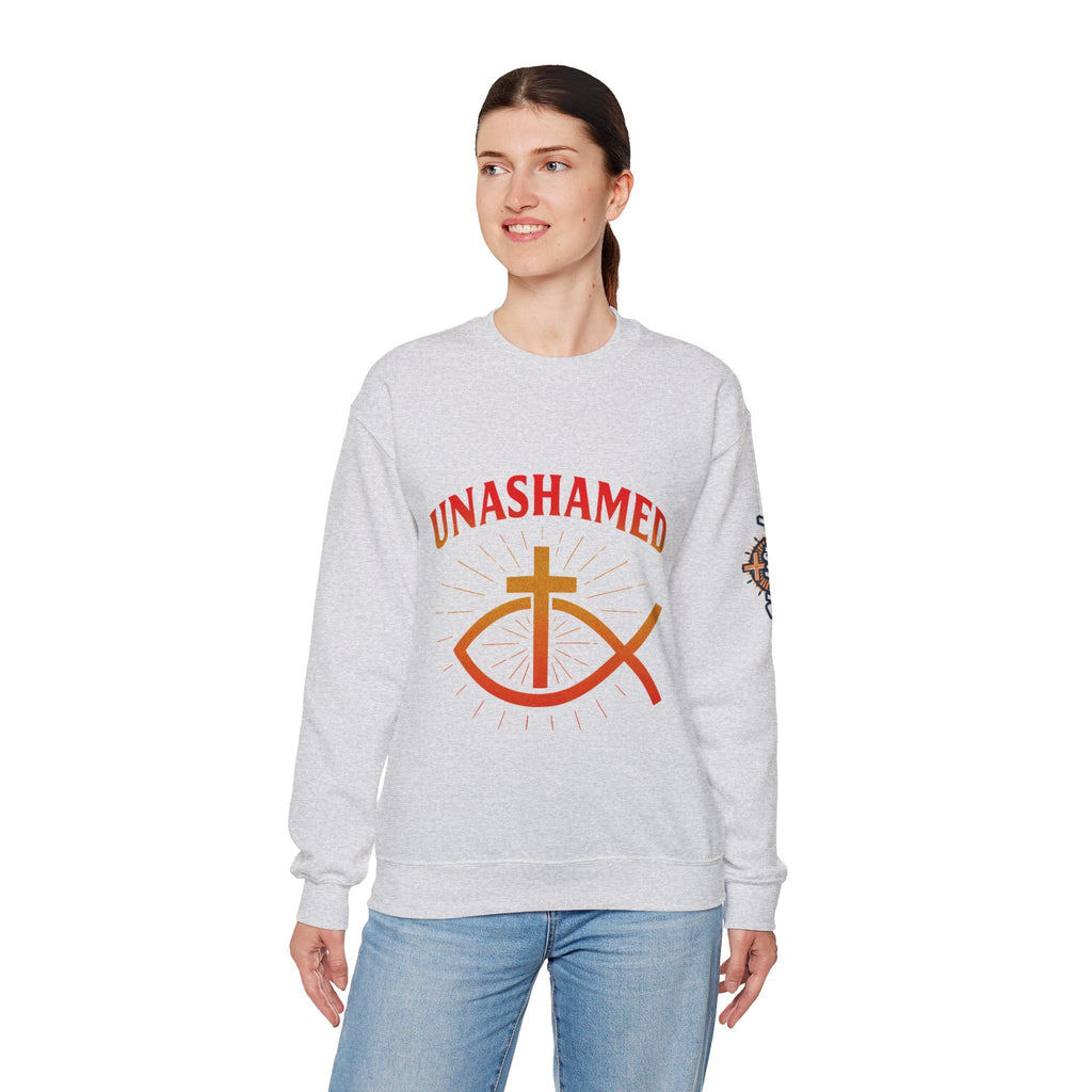 Unashamed Sweatshirt – Ichthys Jesus Fish & Cross Christian Sweatshirt for Romans 1:16 Bold Faith Printify