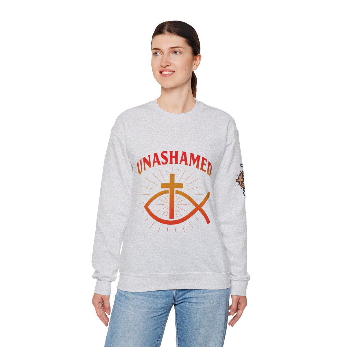 Unashamed Sweatshirt – Ichthys Jesus Fish & Cross Christian Sweatshirt for Romans 1:16 Bold Faith Printify