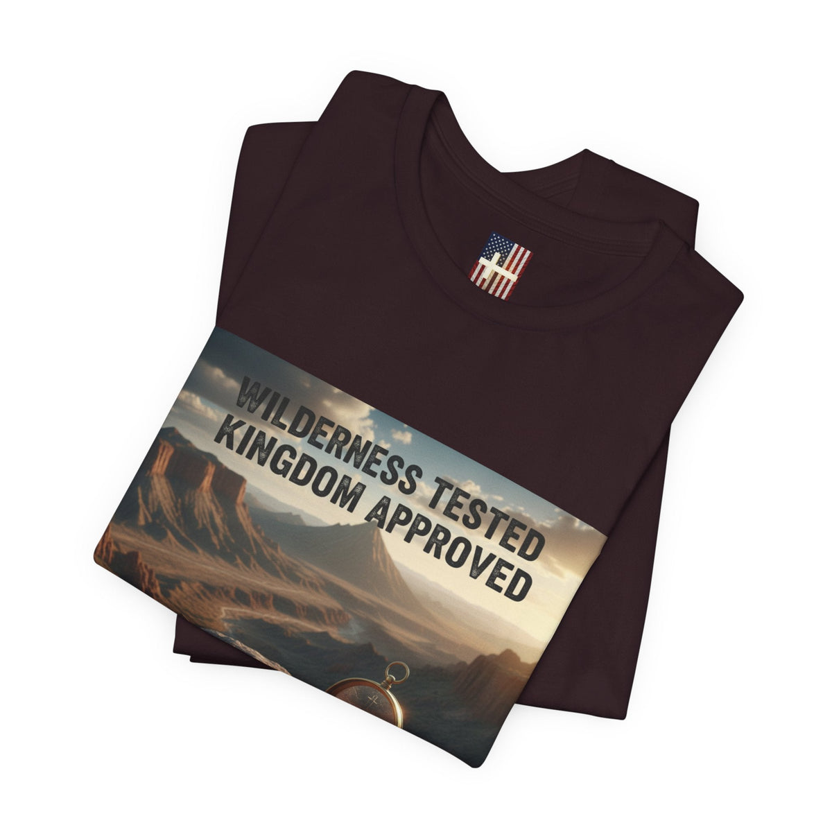 Wilderness Tested Kingdom Approved T-shirt – Mountain Desert Compass Crown Christian T-shirt for Biblical Adventure Faith Printify
