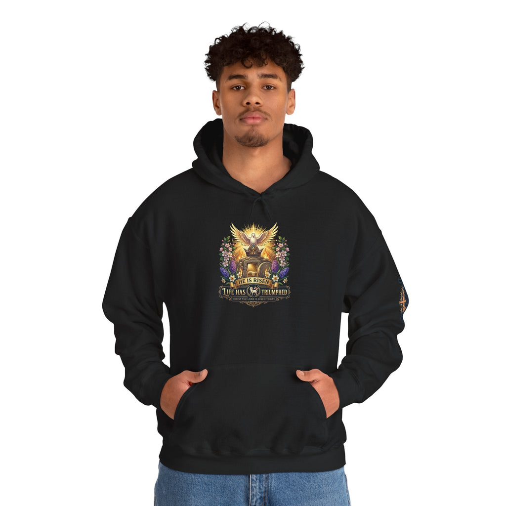 He Is Risen "Life Has Triumphed" Hoodie — Easter Resurrection Christian Hoodie Printify