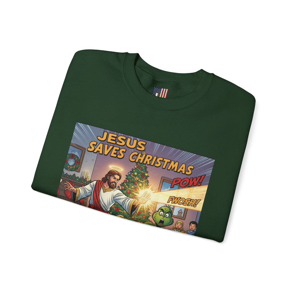 Jesus Saves Christmas Sweatshirt – Grinch vs Savior Light Battle Christian Sweatshirt for Hilarious Holiday Faith & True Joy Printify