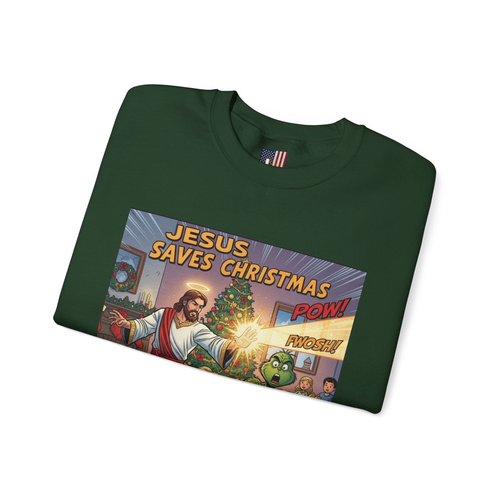 Jesus Saves Christmas Sweatshirt – Grinch vs Savior Light Battle Christian Sweatshirt for Hilarious Holiday Faith & True Joy Printify