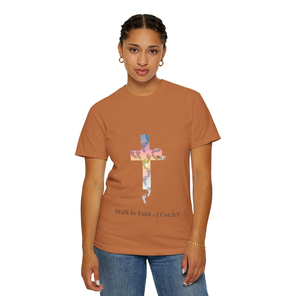 Walk by Faith T-Shirt – Cross & Footprints Christian Tee for Bold Believers Printify