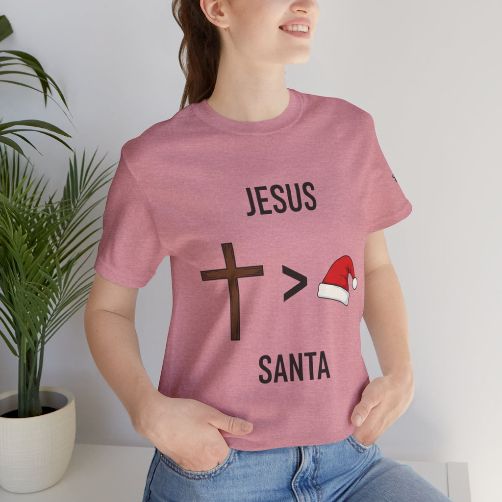 🎄 Jesus > Santa – Minimalist Christian Christmas T-Shirt | Bold Faith Over Holiday Tee | Cross vs Santa Hat Design | Uplifted Gear Printify
