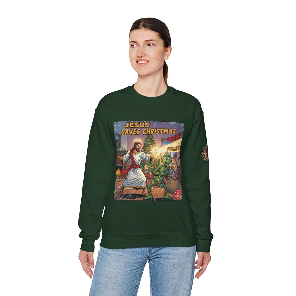 Jesus Saves Christmas Sweatshirt – Grinch vs Savior Light Battle Christian Sweatshirt for Hilarious Holiday Faith & True Joy Printify