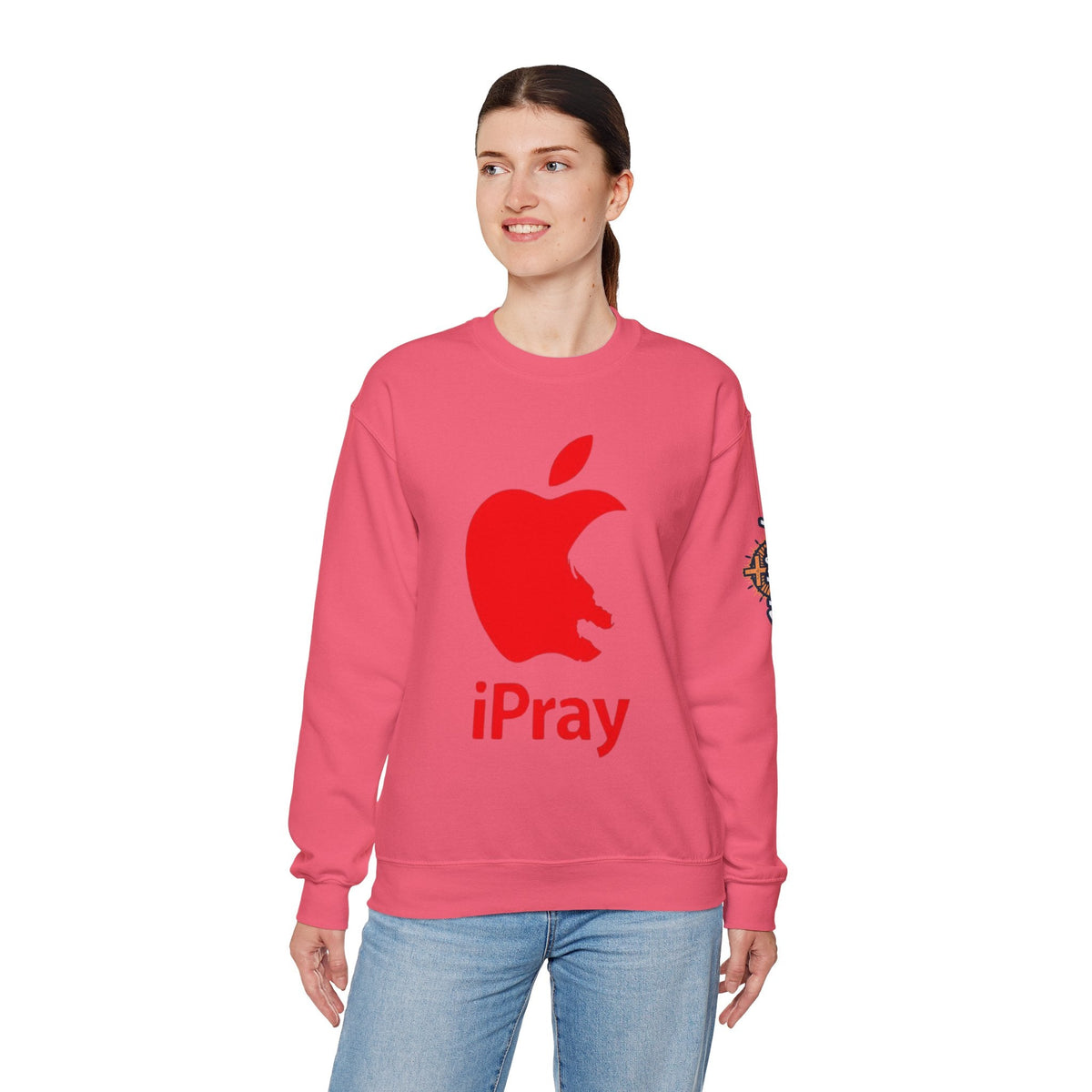 iPray Apple Logo Sweatshirt — Funny Christian Sweatshirt (Minimal Red Apple Graphic) Printify