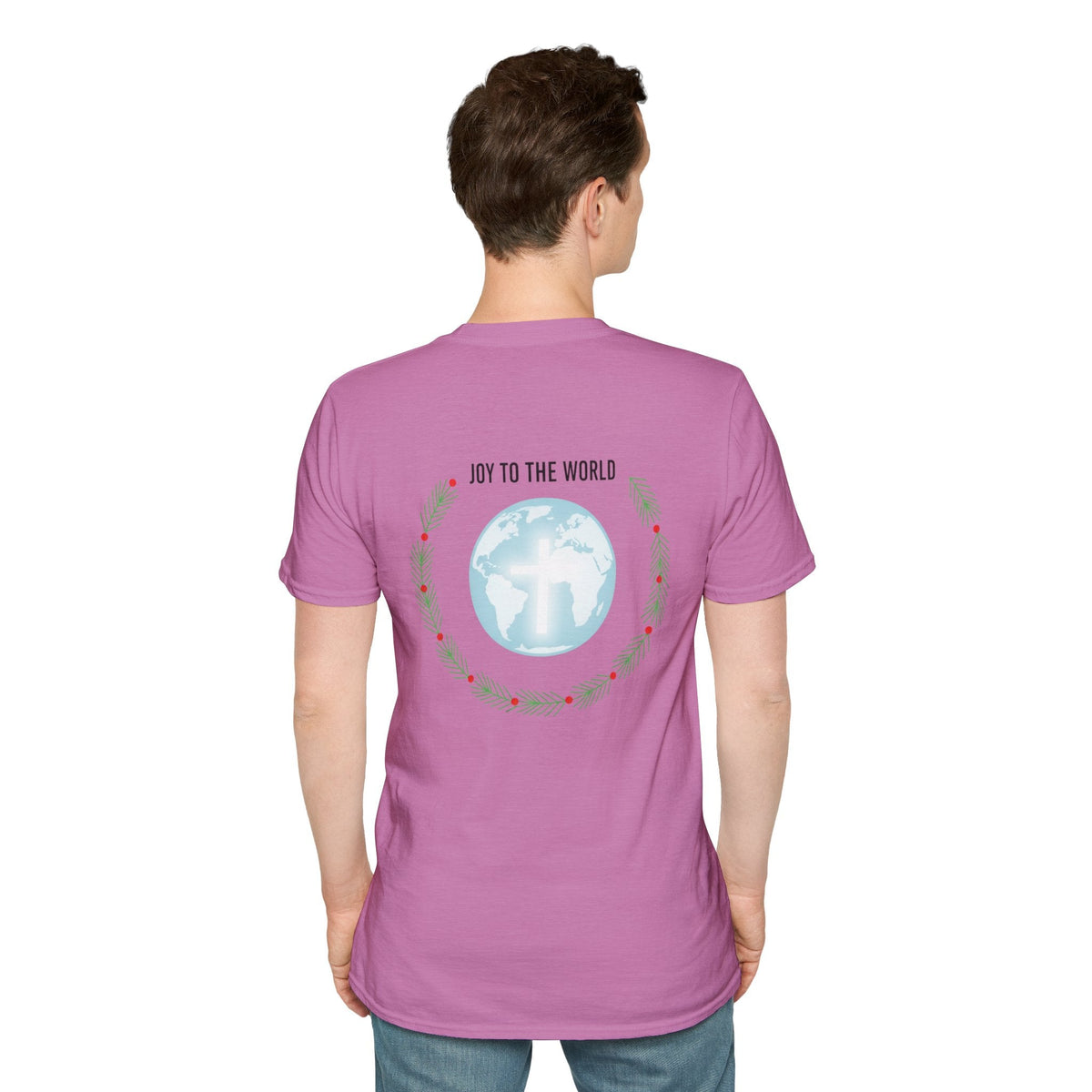 Joy to the World T-shirt – Wreath Earth Nativity Christian Christmas T-shirt for Isaiah 9:6 Holiday Faith & Festive Joy Printify